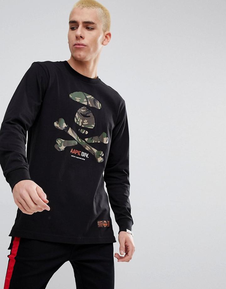 Aape By A Bathing Ape Longline Long Sleeve T-shirt With Large Camo Logo - Black