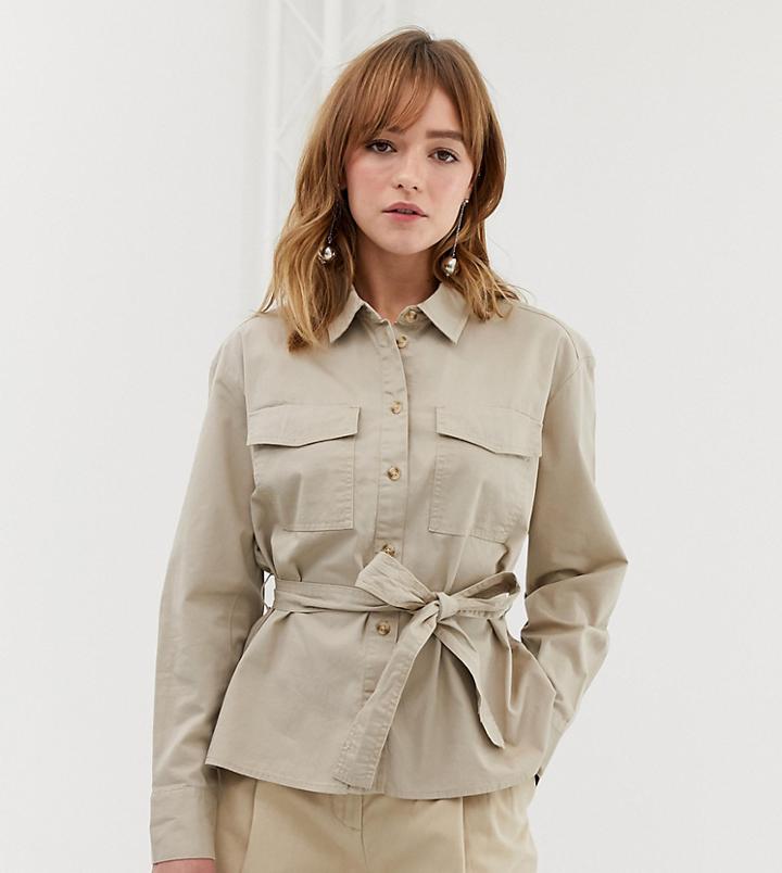 Monki Utility Shirt With Tie Waist Detail In Beige - Beige