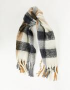 Asos Design Blanket Scarf With Check Detail In Gray And Camel-multi