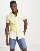 Asos Design Stretch Slim Camp Collar Oxford Stripe Shirt In Yellow