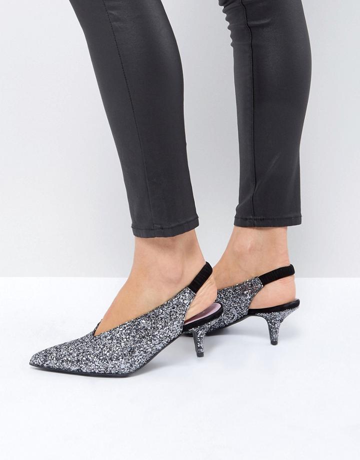 Gestuz Lilac Glitter Sling Back Kitten Heel - Silver