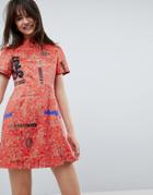 Asos Graphic Print Chinoiserie Mini Dress - Orange