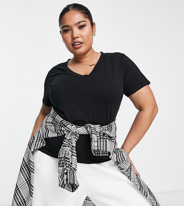 Asos Design Curve Edit Luxe Handle Fitted T-shirt With Wide V-neck In Black