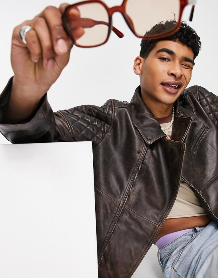 Asos Design Oversized Moto Real Leather Jacket With Stitch Detail In Brown