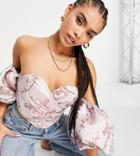 Missguided Sweetheart Crop Top With Balloon Sleeve In Pink Jacquard