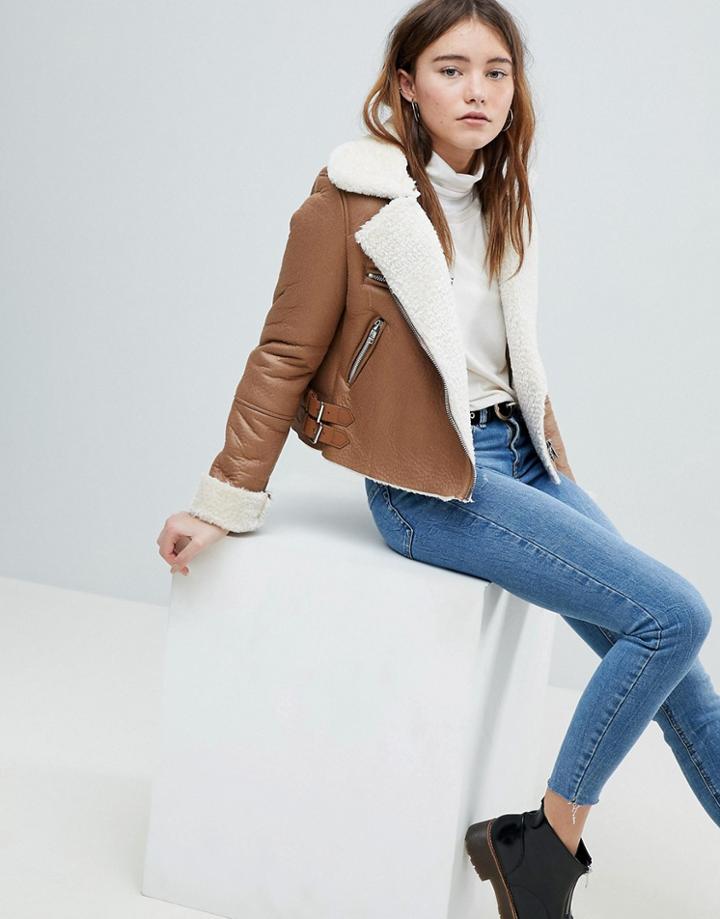 Bershka Cropped Aviator Jacket - Brown