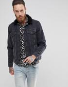 Allsaints Denim Jacket With Fleece Collar In Black - Black