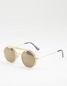 Spitfire Lennon Flip Round Sunglasses In Gold With Gold Mirror Lens