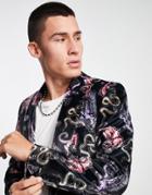 Twisted Tailor Blazer In Black Velvet With Animal Tattoo Print