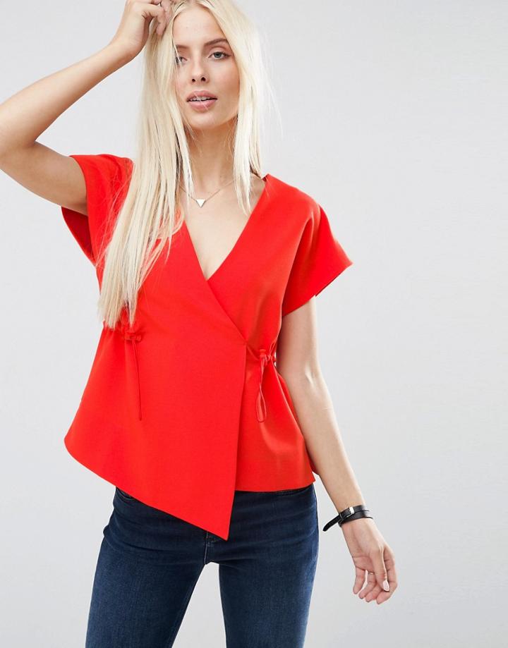 Asos Obi Wrap Top With Drawstring Waist - Red