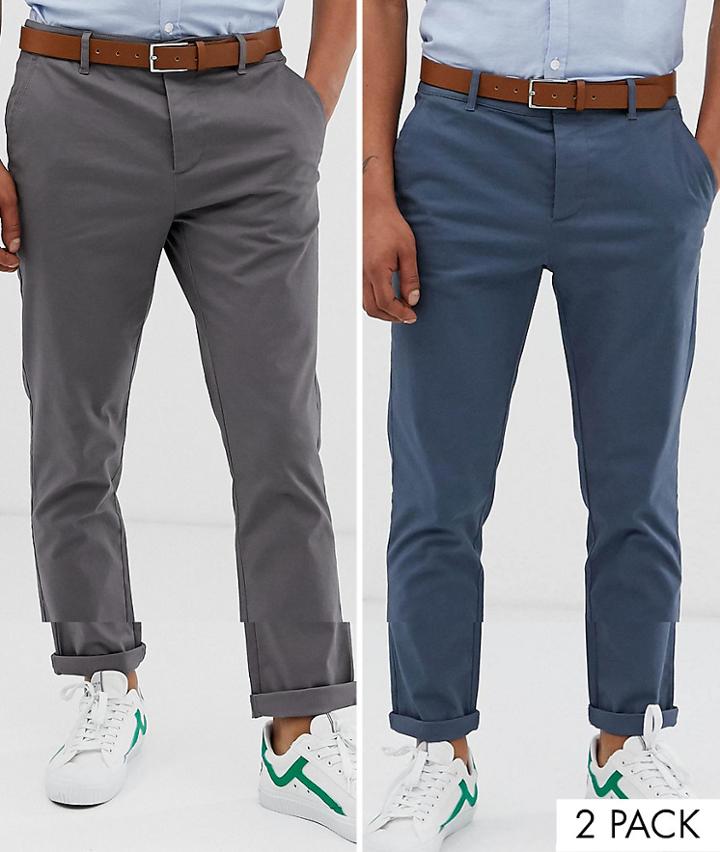 Asos Design 2 Pack Slim Chinos In Dark Blue & Gray Save - Multi