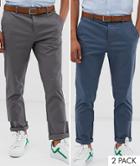 Asos Design 2 Pack Slim Chinos In Dark Blue & Gray Save - Multi