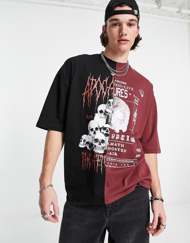 Asos Design Oversized T-shirt In Black And Red Color Block With Grunge Print