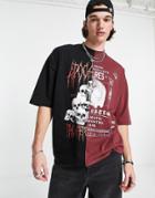 Asos Design Oversized T-shirt In Black And Red Color Block With Grunge Print