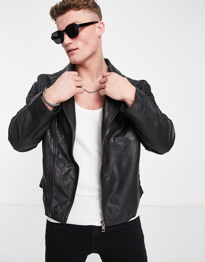 Asos Design Oversized Moto Real Leather Jacket With Stitch Detail In Black