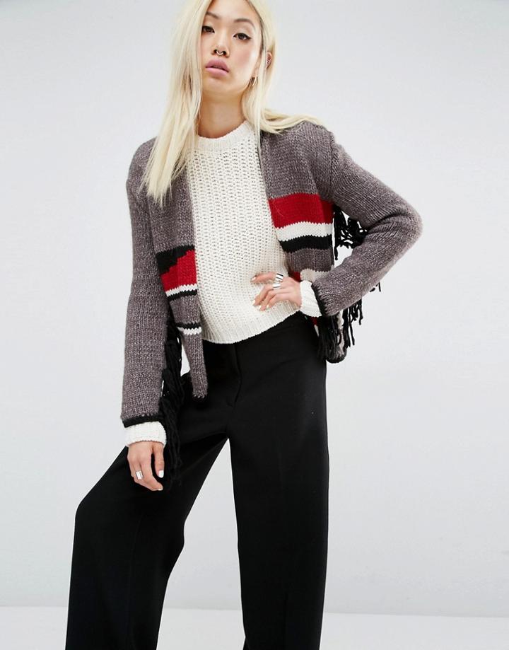 Oneon Hand Knitted Cardigan With Fringe Sleeve - Multi