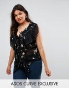 Asos Curve Floral Top With Lace Up And Ruffles - Multi