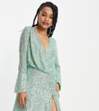 Asos Design Petite Embellished Drape Detail Mini Dress With Button Detail In Sage-green