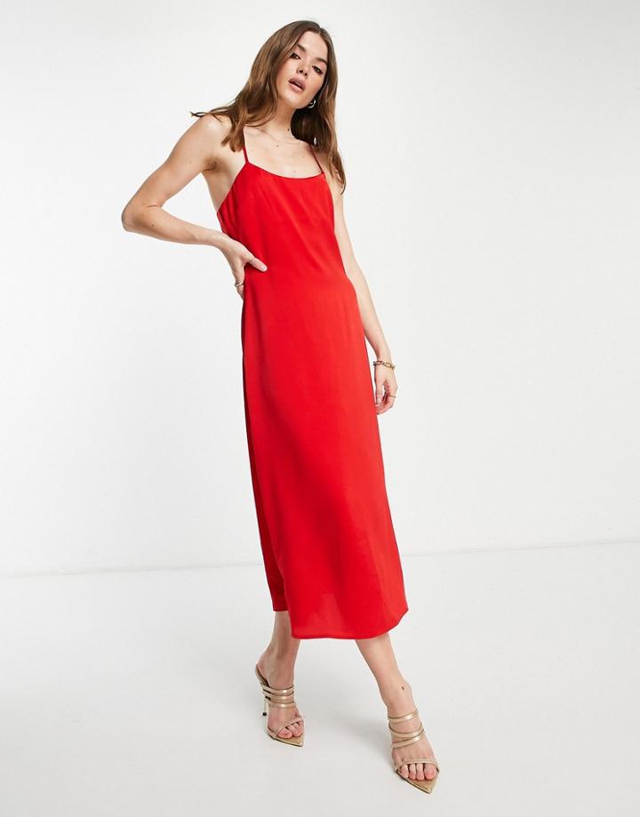 Lola May Satin Cross Back Midi Dress In Red