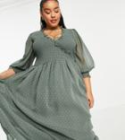 Asos Design Curve Midi Smock Dress With Shirred Cuffs In Texture In Khaki-green