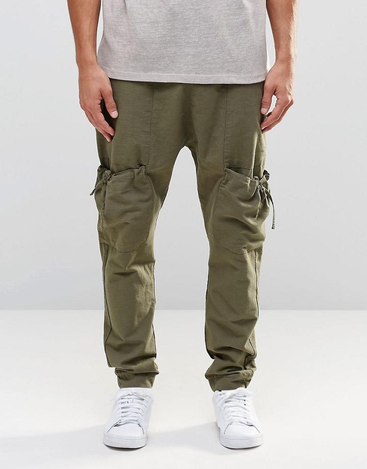 Asos Drop Crotch Joggers In Linen With Cargo Pockets In Khaki - Burnt Olive