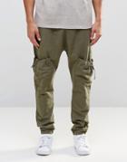 Asos Drop Crotch Joggers In Linen With Cargo Pockets In Khaki - Burnt Olive