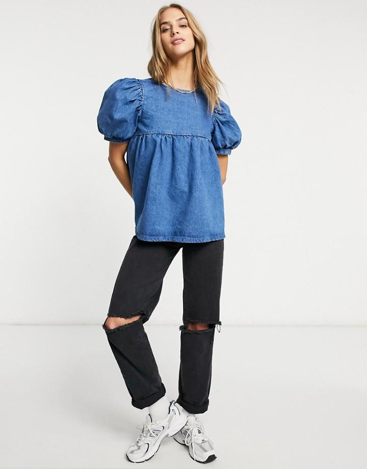 Asos Design Denim Smock Top In Midwash-blues
