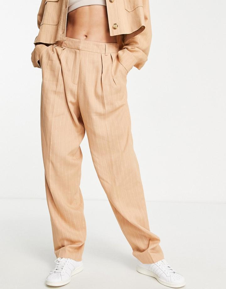 Topshop Linen Pinstripe Peg Pants In Tan-brown