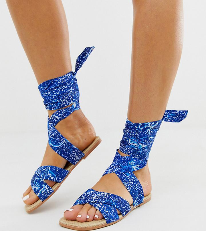 Asos Design Wide Fit Jubilee Tie Leg Espadrille Sandals In Blue
