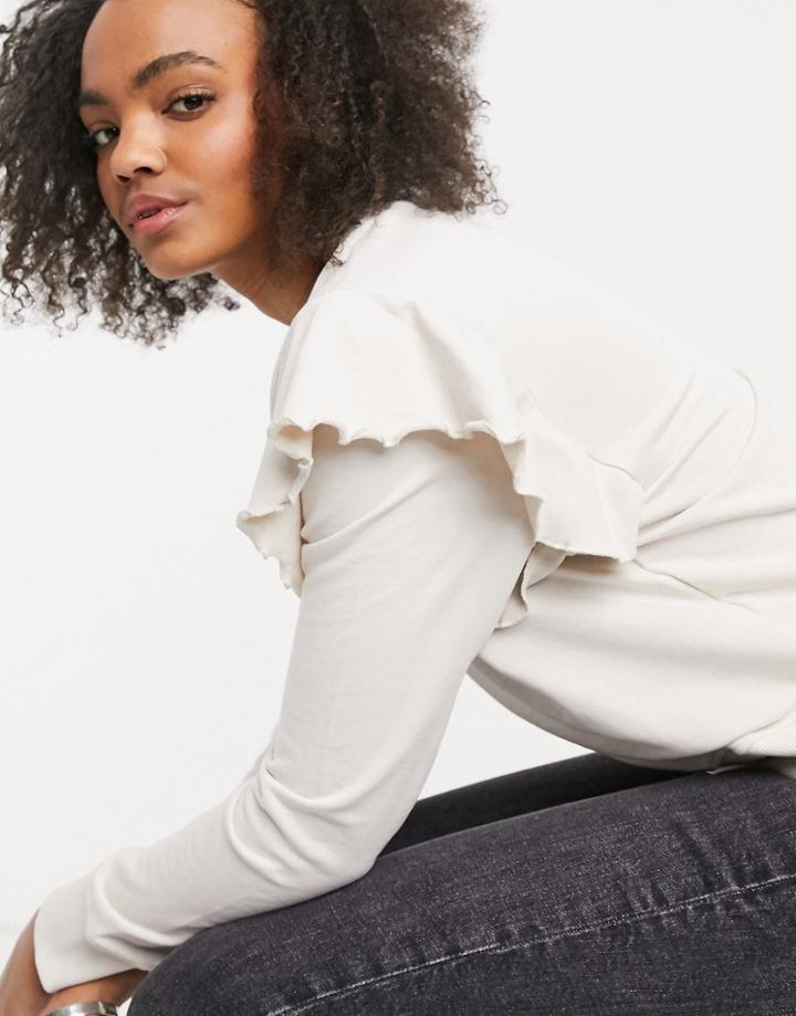Only Sweatshirt With Frill Detail In Cream-white