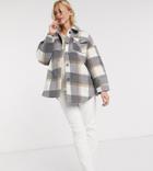 Pieces Maternity Exclusive Shirt Jacket With Belted Waist In Gray Plaid-grey
