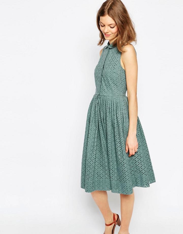 Asos Midi Broderie Shirt Dress - Multi