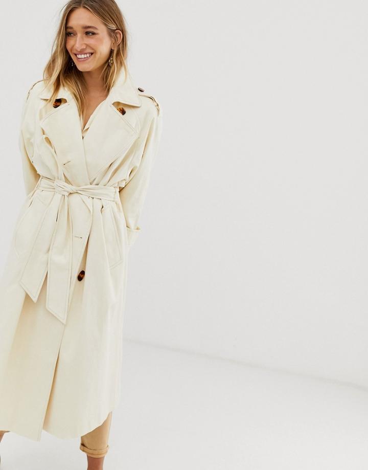 Asos Design Longline Trench Coat With Statement Buttons-cream