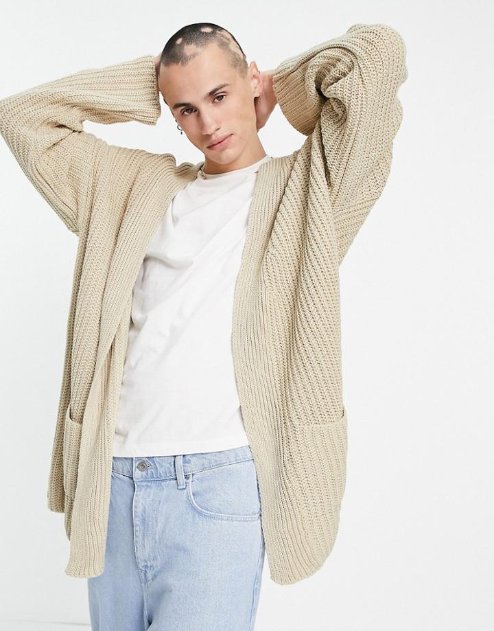 Asos Design Knitted Oversized Fisherman Rib Cardigan In Beige-white