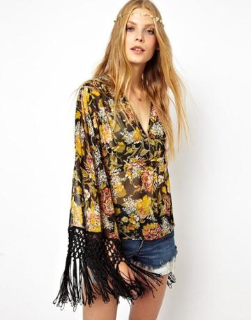 Asos Blouse With Fringe Kimono Sleeve In Floral Print