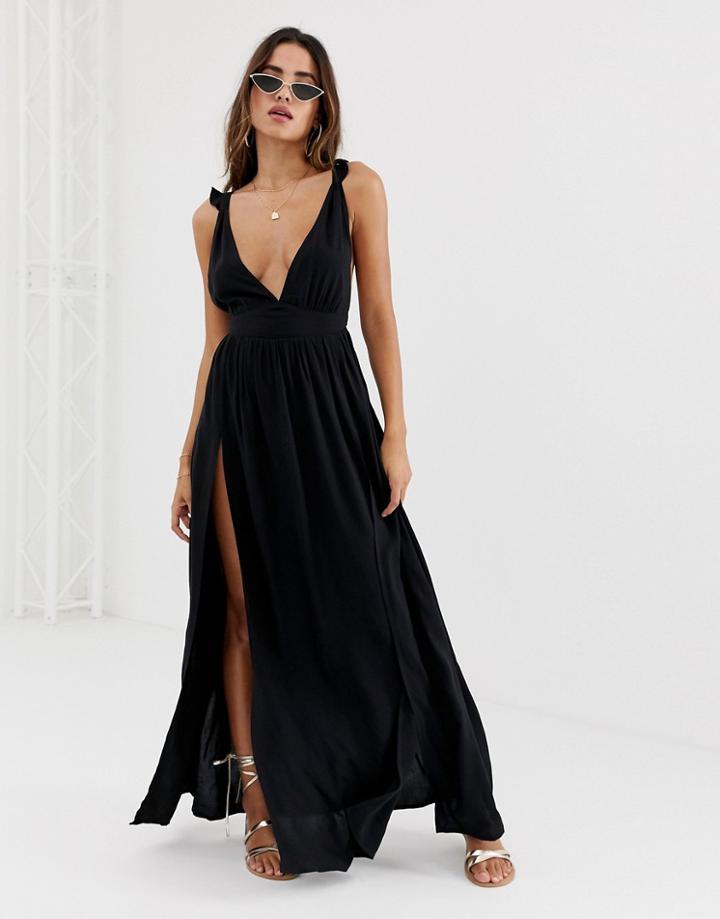 Asos Design Beach Maxi Dress With Frill Strap & Plunge Neck In Black - Black