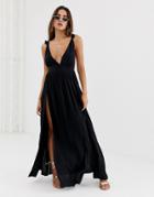 Asos Design Beach Maxi Dress With Frill Strap & Plunge Neck In Black - Black