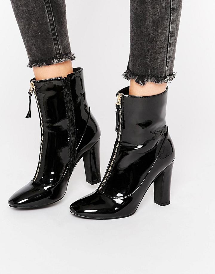 Public Desire Alexa Black Patent Zip Front Heeled Ankle Boot - Black Patent