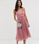 Asos Design Tall Pleated Tulle Midi Dress With Twist Detail-pink