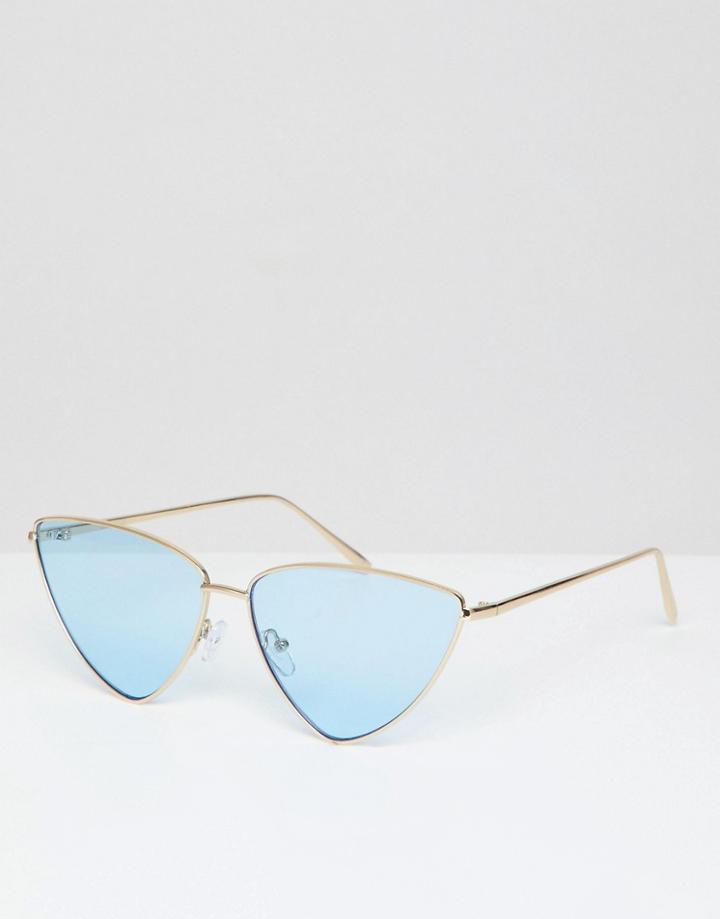 Asos Design Extreme Almond Cat Eye Sunglasses With Blue Lens - Gold