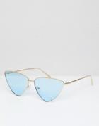 Asos Design Extreme Almond Cat Eye Sunglasses With Blue Lens - Gold