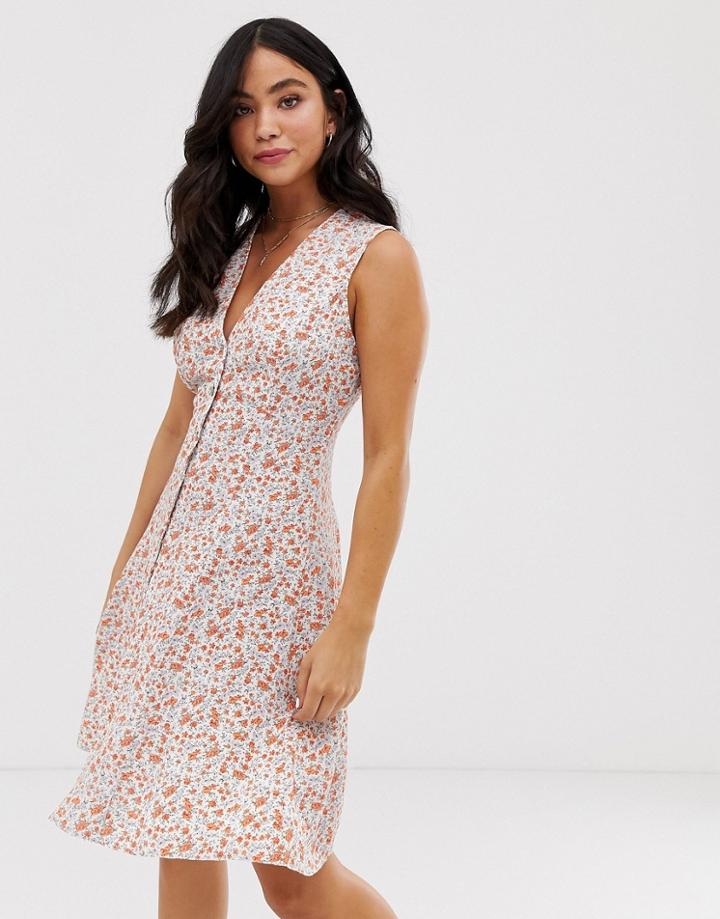 Nobody's Child Button Front Retro Dress In Ditsy Floral-white