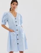 Y.a.s Button Down Organic Cotton Smock Dress With Volume Sleeve - Blue
