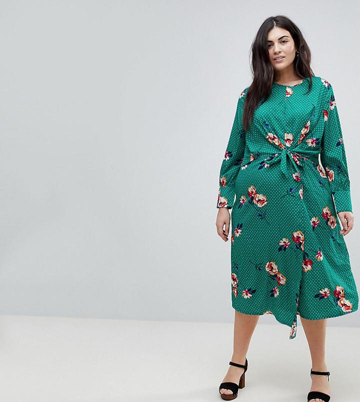 Influence Plus Knot Asymmetric Wrap Front Floral Midi Dress - Green