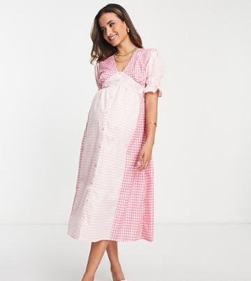 Influence Maternity V Neck Midi Dress In Mixed Gingham-pink