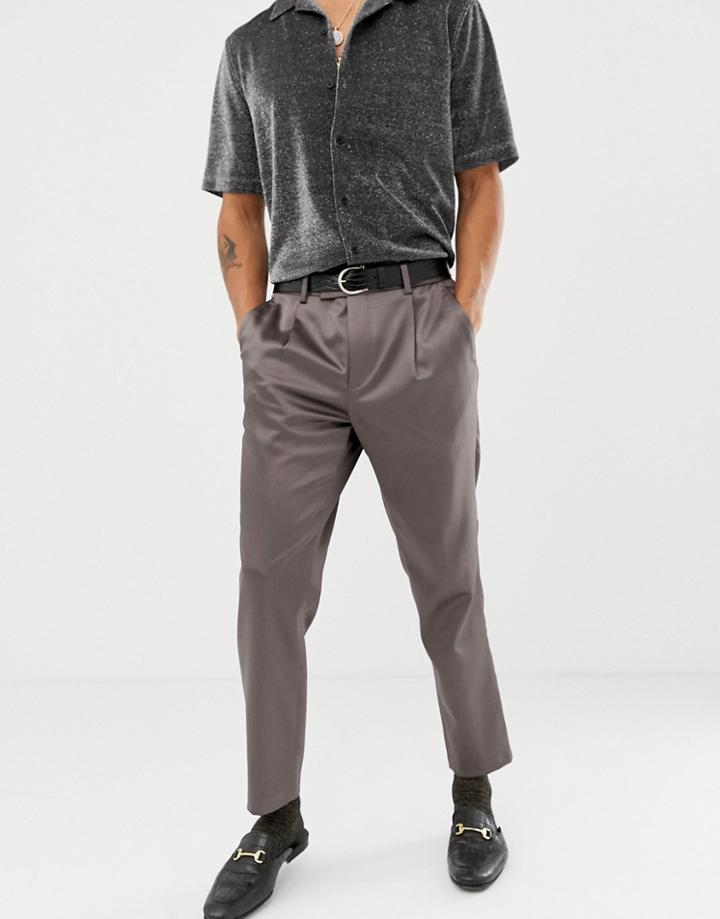 Asos Design Cigarette Suit Pants In High Shine Gunmetal Sateen - Gray