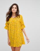 Ax Paris 3/4 Sleeve Ditsy Floral Print Dress With Ruffle Detail - Yellow