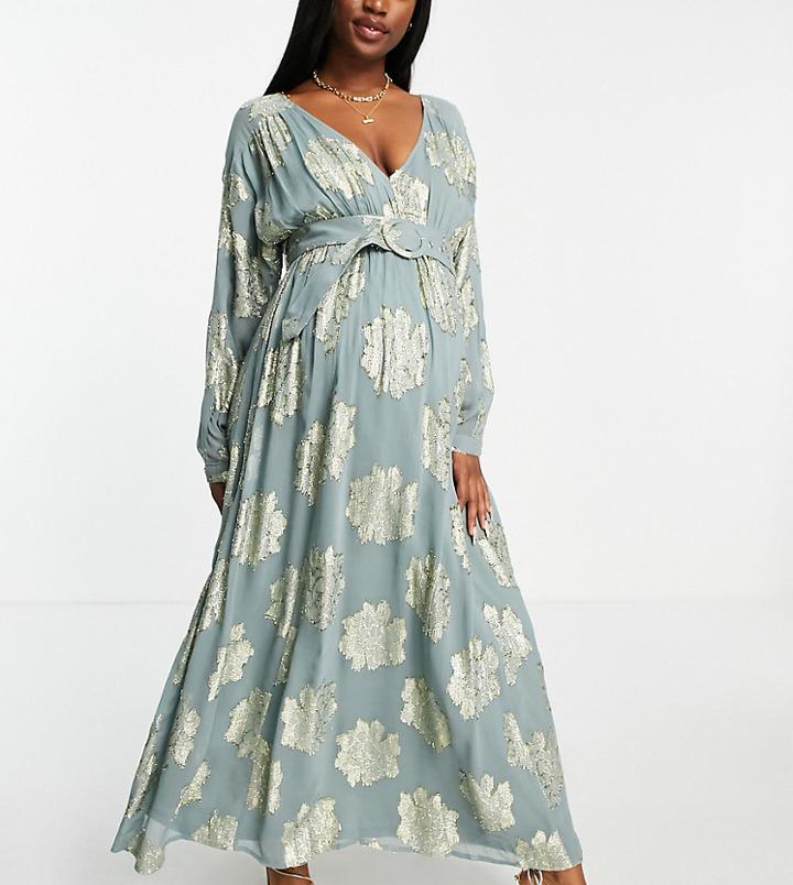 Asos Design Maternity Belted Batwing Midi Tea Dress In Metallic Jacquard-multi