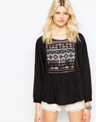 Only Boho Top With Embroidered Neckline - Black