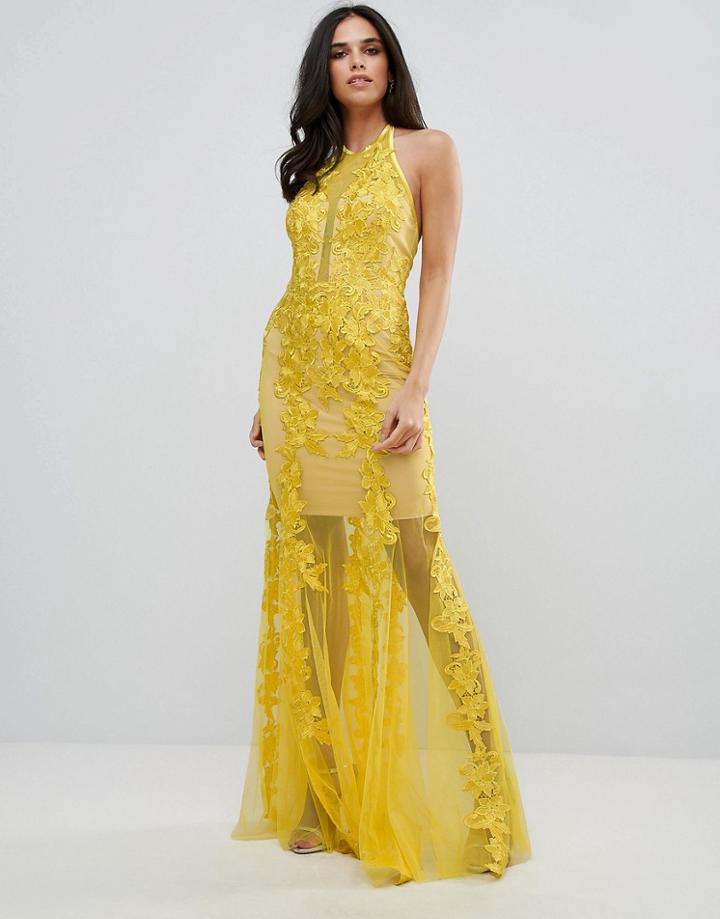 Forever Unique Halter Neck Lace Dress - Yellow